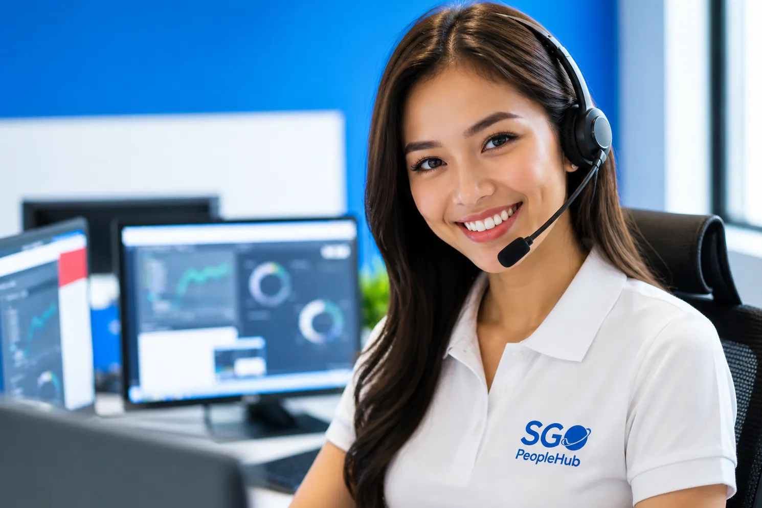 Smiling SGO PeopleHub agent wearing a headset on a clear call with ClearTone AI noise cancelling