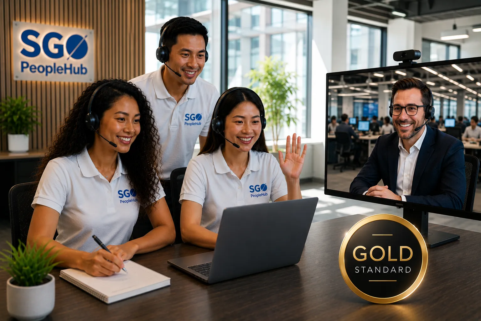 SGO PeopleHub sales team in headsets on a video call with a client, guided by SGO Call Caddie