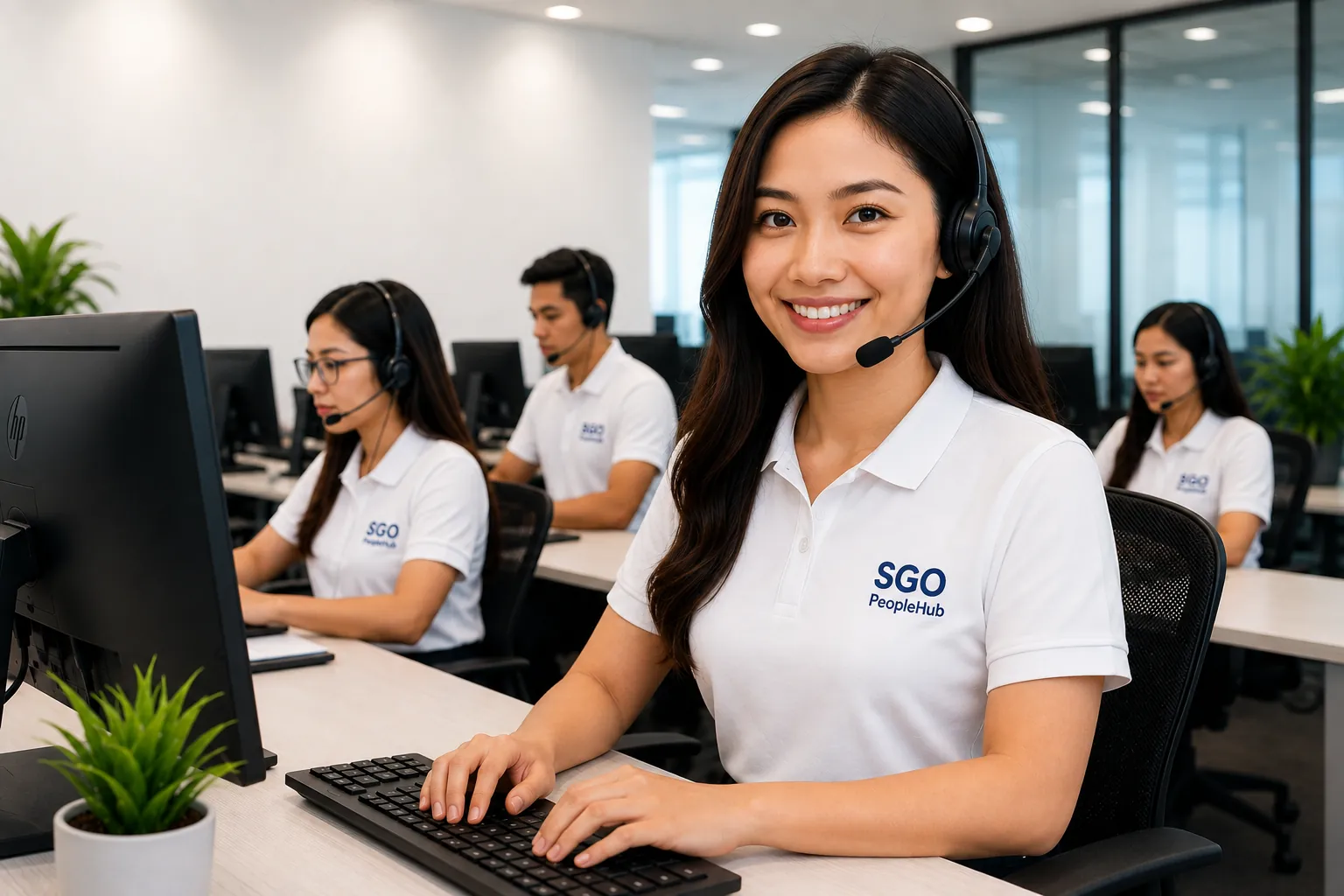 Smiling SGO PeopleHub agent with a headset on a busy call floor, with ClearTone removing the voices of colleagues nearby