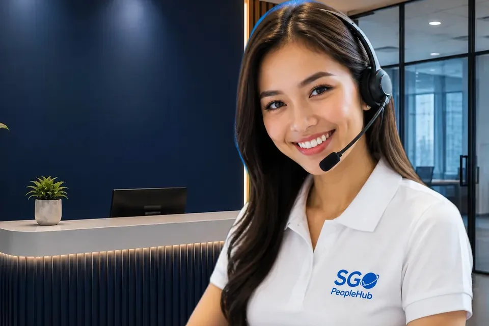Agent in a headset with her real background replaced by a ClearTone Camera office background