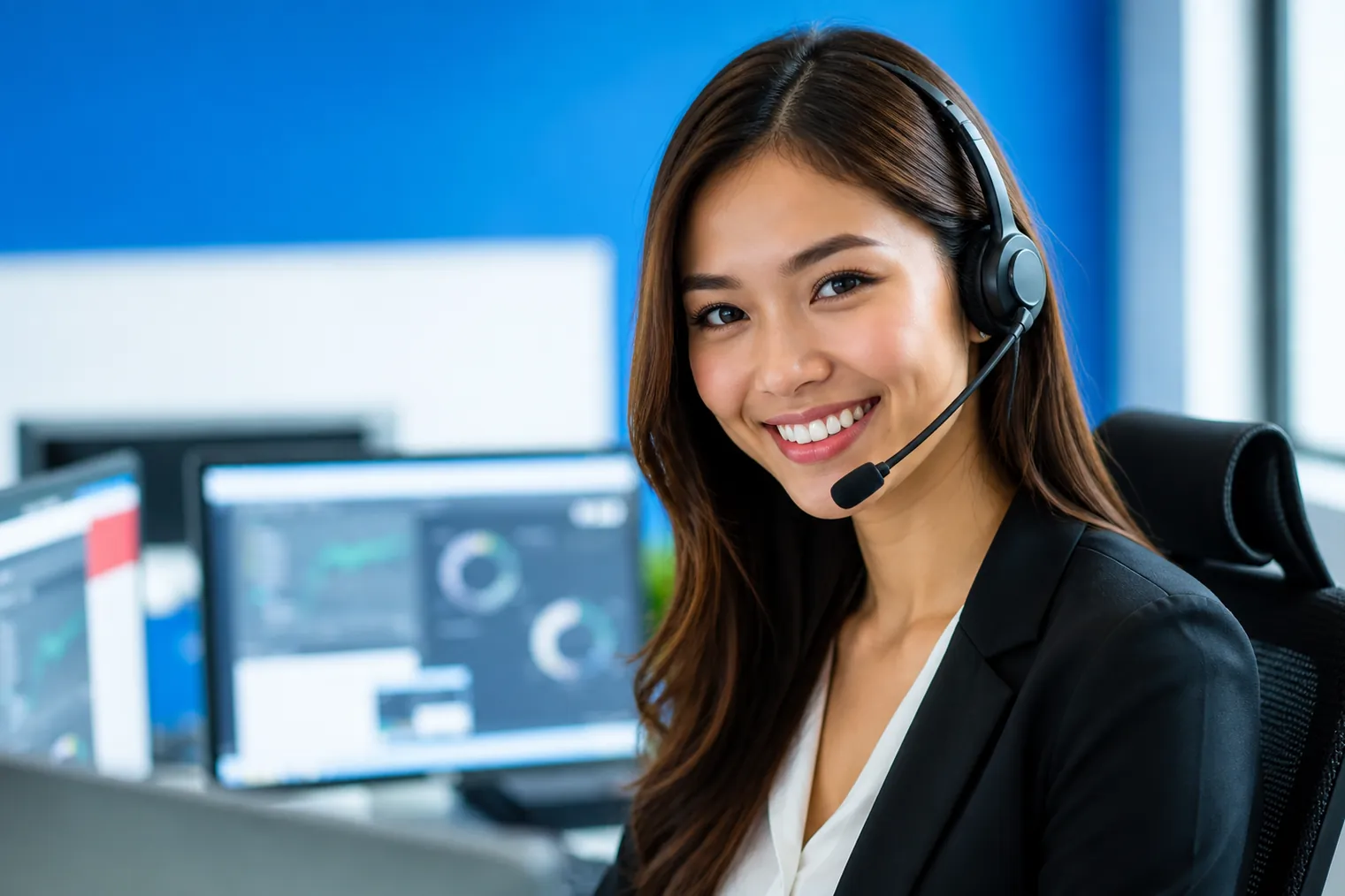 Smiling customer support agent in a headset, understood first time on calls with ClearTone real-time accent conversion