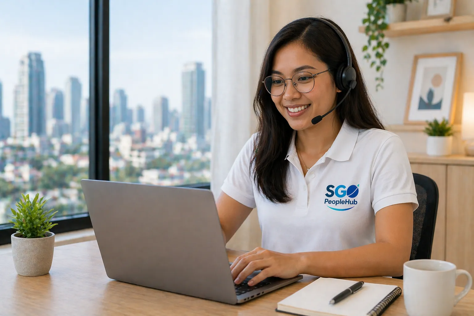 Agent in a headset on a Google Meet call from a laptop with ClearTone noise cancellation