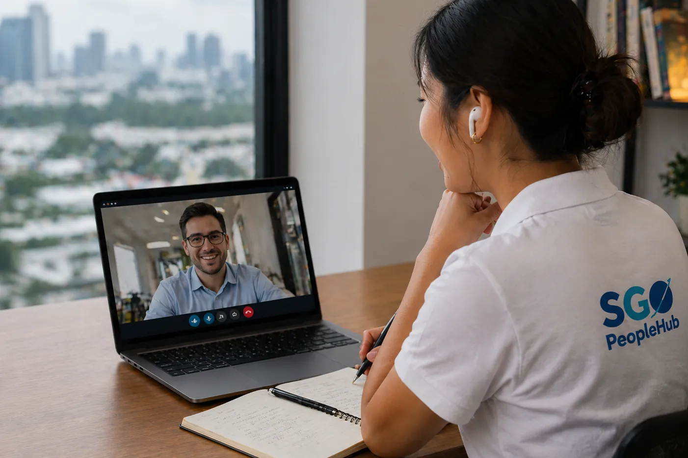 SGO PeopleHub team member on a Google Meet video call from a laptop, with ClearTone noise cancelling