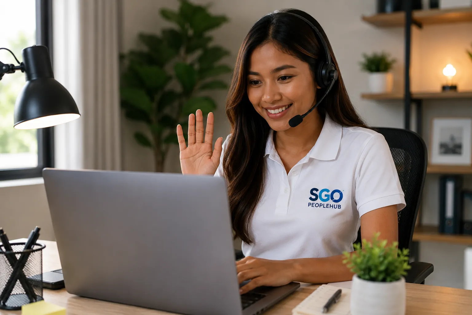 Smiling SGO PeopleHub team member waving on a video call from a laptop, using ClearTone Camera for a clean background