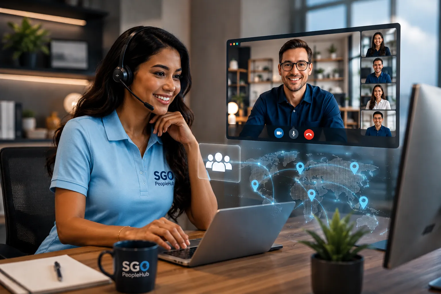 Agent with a headset on a Microsoft Teams meeting with colleagues, using ClearTone to remove background noise