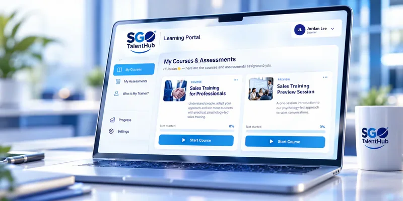 SGO TalentHub Academy, online sales training portal showing courses and assessments