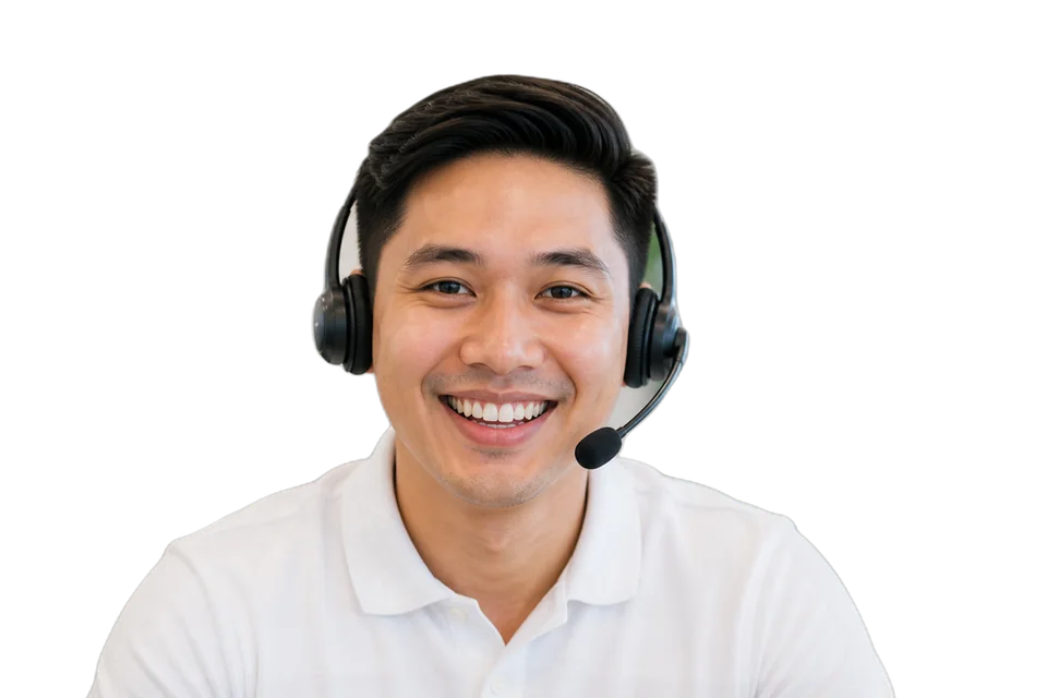 Smiling SGO PeopleHub agent in a headset looking into the camera, with his background replaced by ClearTone Camera