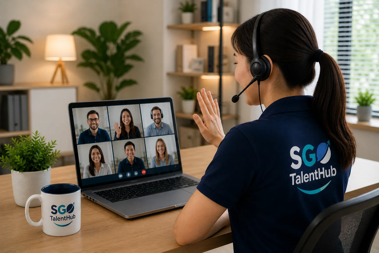 Team member on a Zoom video call from a laptop with background noise removed
