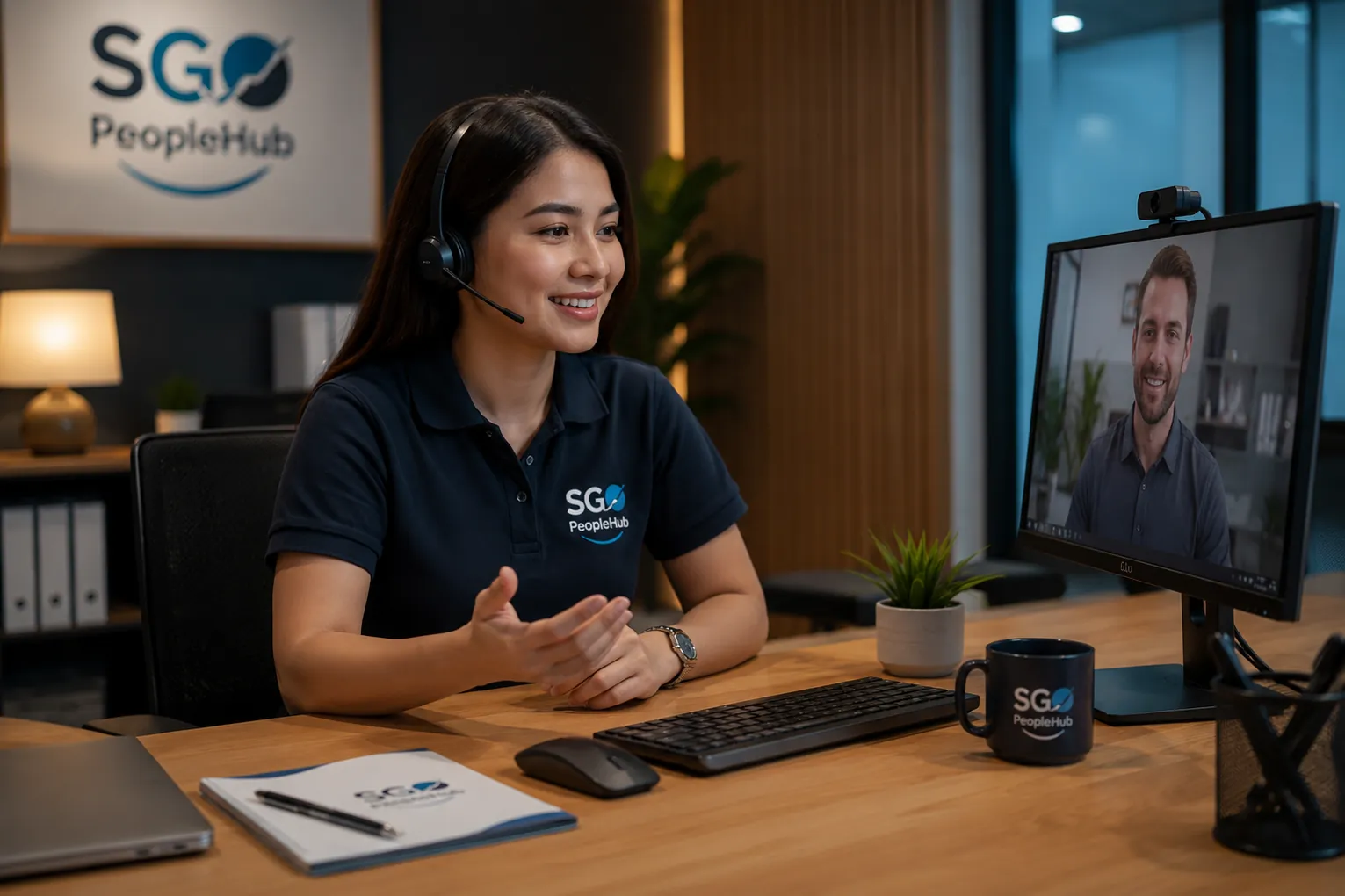 Agent with a headset on a Zoom video call with a client, using ClearTone noise cancelling